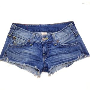 True Religion Joey Cut-Off Frayed Hem Denim Shorts